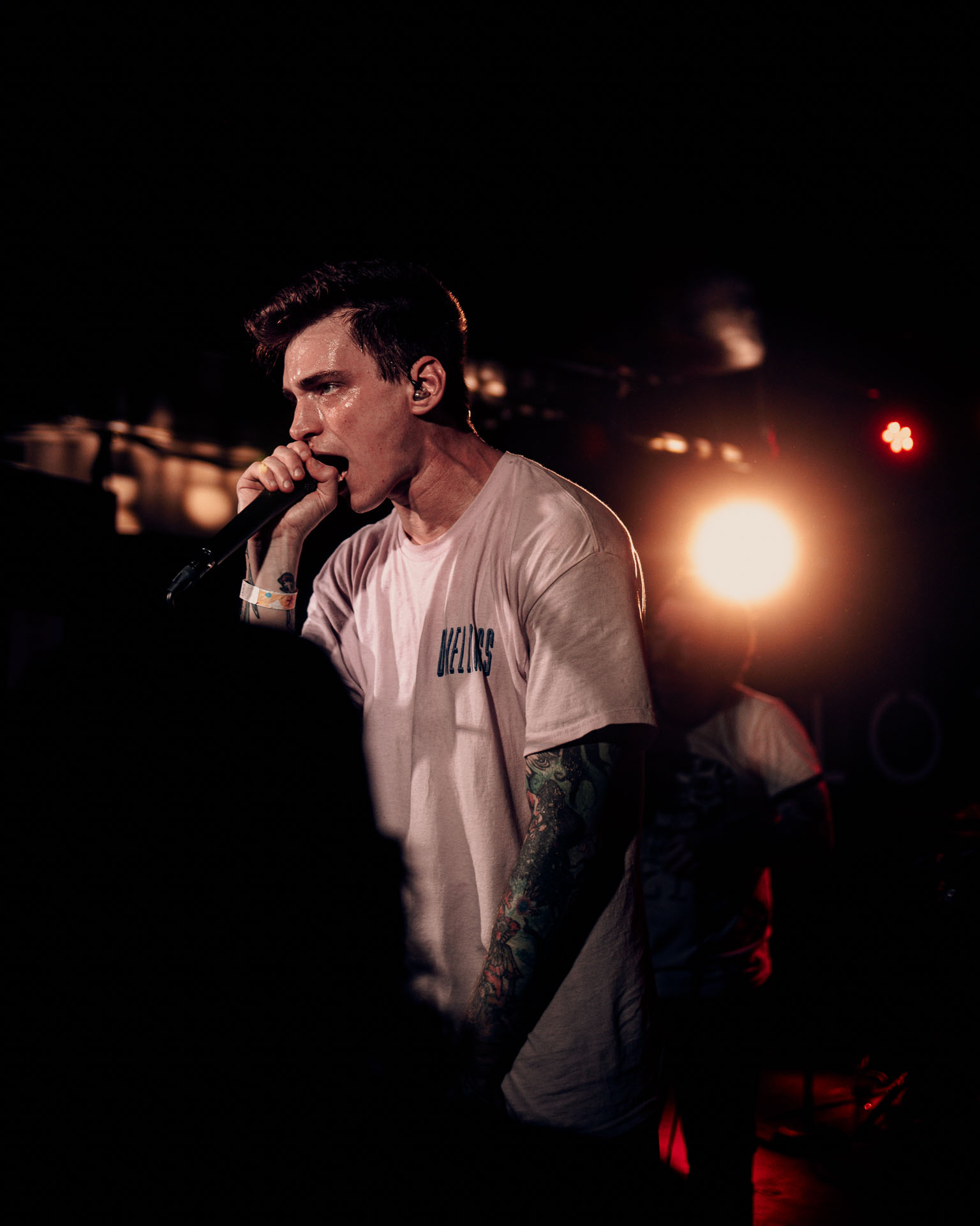 Andy Cizek screaming on stage during A Lot Like Birds concert