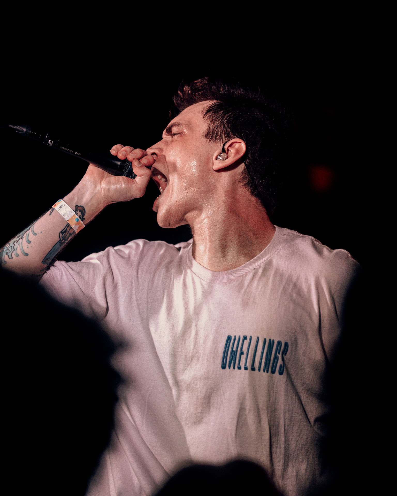 Andy Cizek screaming on stage during A Lot Like Birds concert