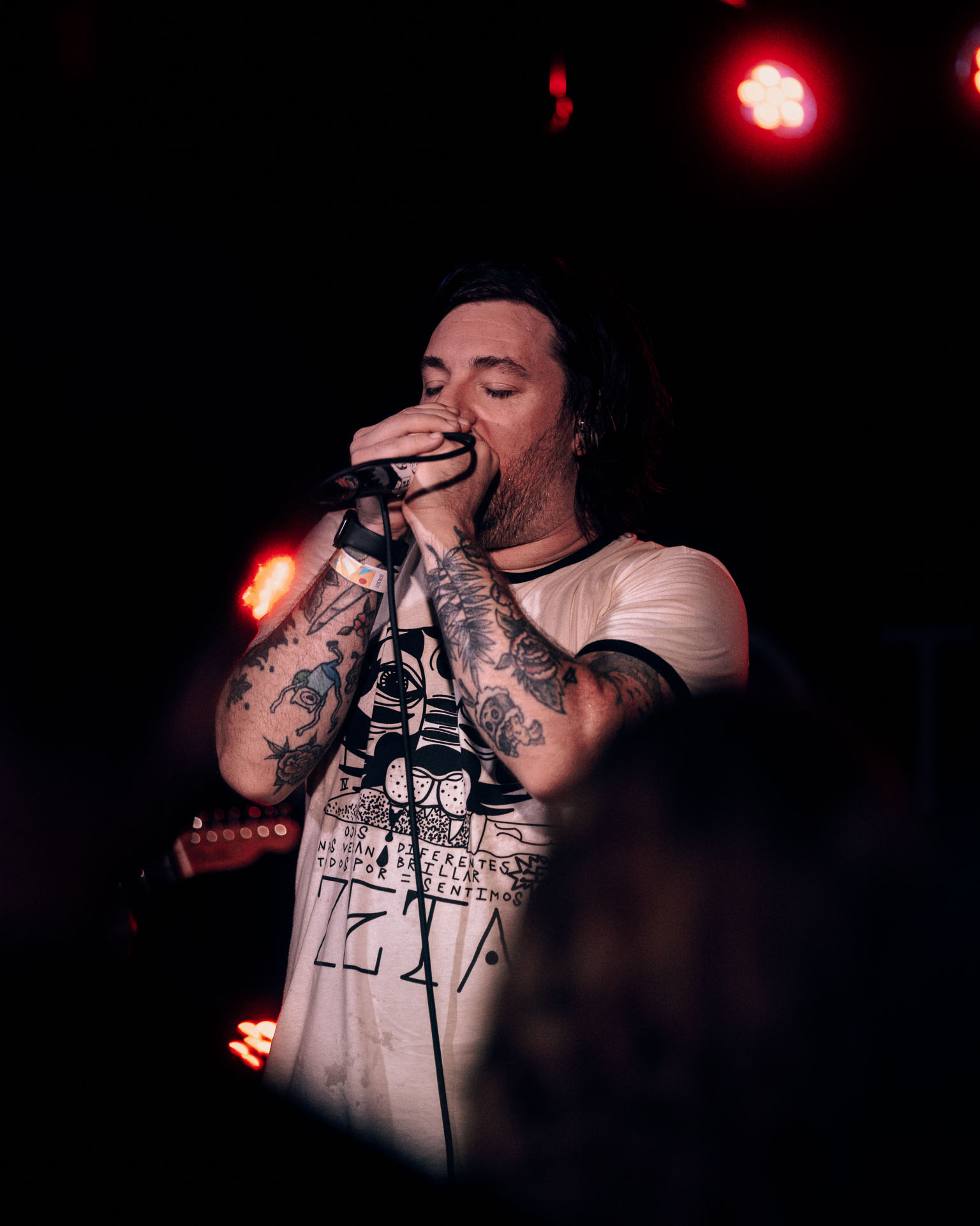 Close-up of Kurt Travis mid-song at A Lot Like Birds concert