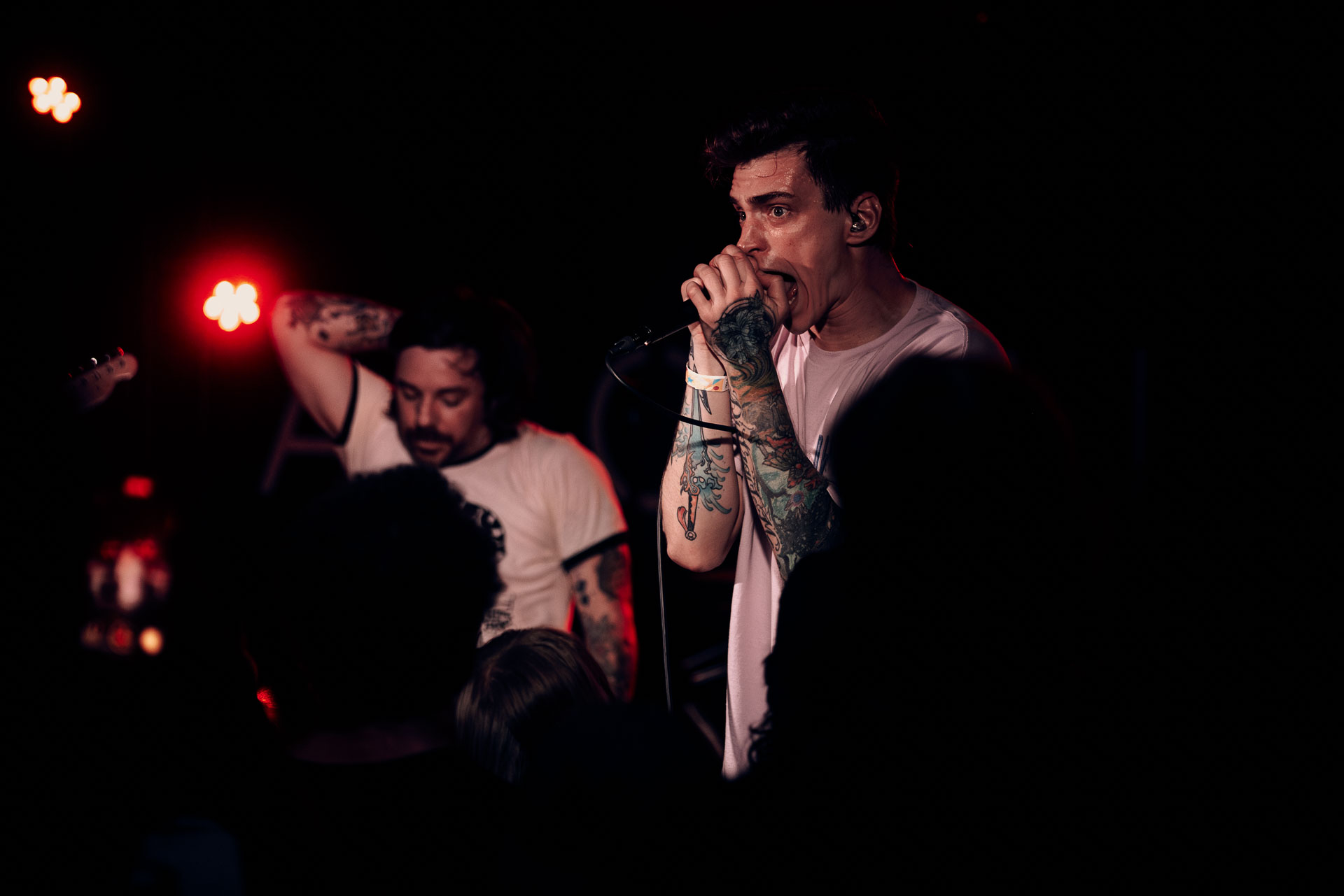 Andy Cizek screaming on stage during A Lot Like Birds concert